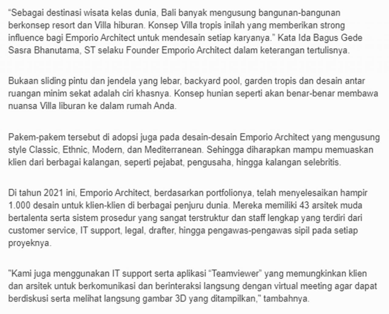 Ulasan Media Bisnis.com - Emporio Architect, Tembus Pasar Luar Negeri dengan Arsitektur 2 2