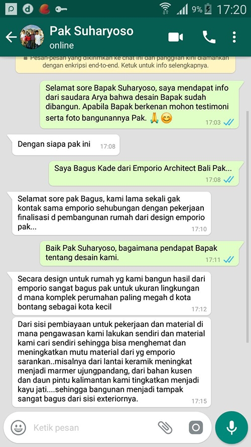 Testimonial Desain Rumah Hook Villa Bali 1 Lantai Bapak Suharyoso II di  Bontang, Kalimantan Timur