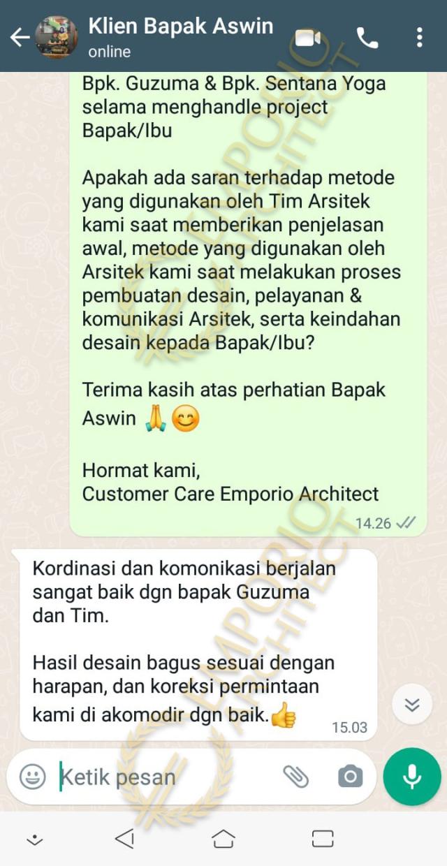 Testimonial Desain Rumah Villa Bali 1 Lantai Ibu RSE 1385 di  Bengkulu