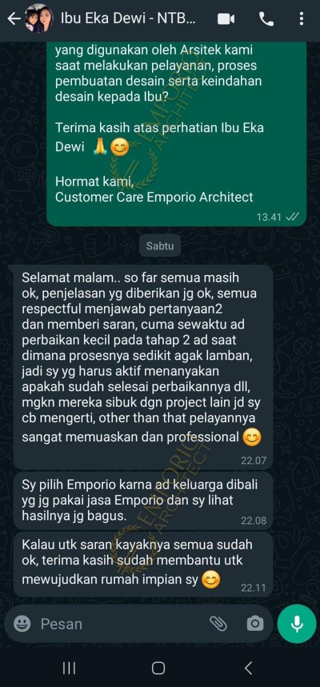 Testimonial Desain Rumah Villa Bali 2 Lantai Ibu EKD 1898 di  NTB (Nusa Tenggara Barat)