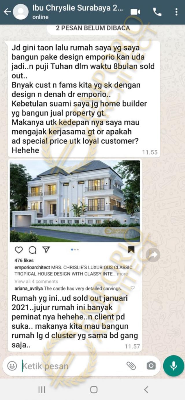 Testimonial Desain Rumah Hook Classic 3 Lantai Ibu Chryslie di  Surabaya