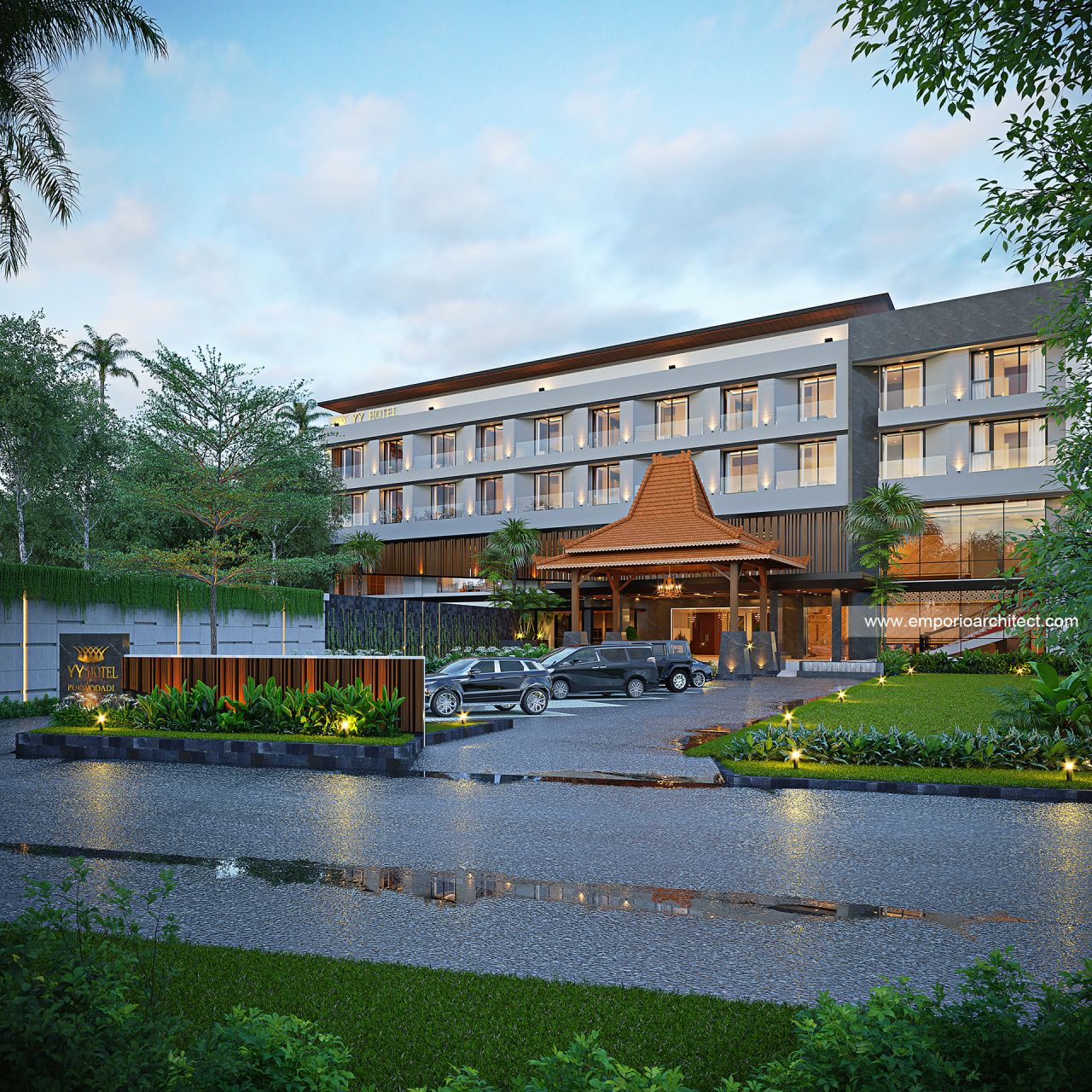 Gambar Desain Hotel Modern Luxury Tropis 4 Lantai Bapak SNT 1896 di  Purwodadi, Grobogan, Jawa Tengah