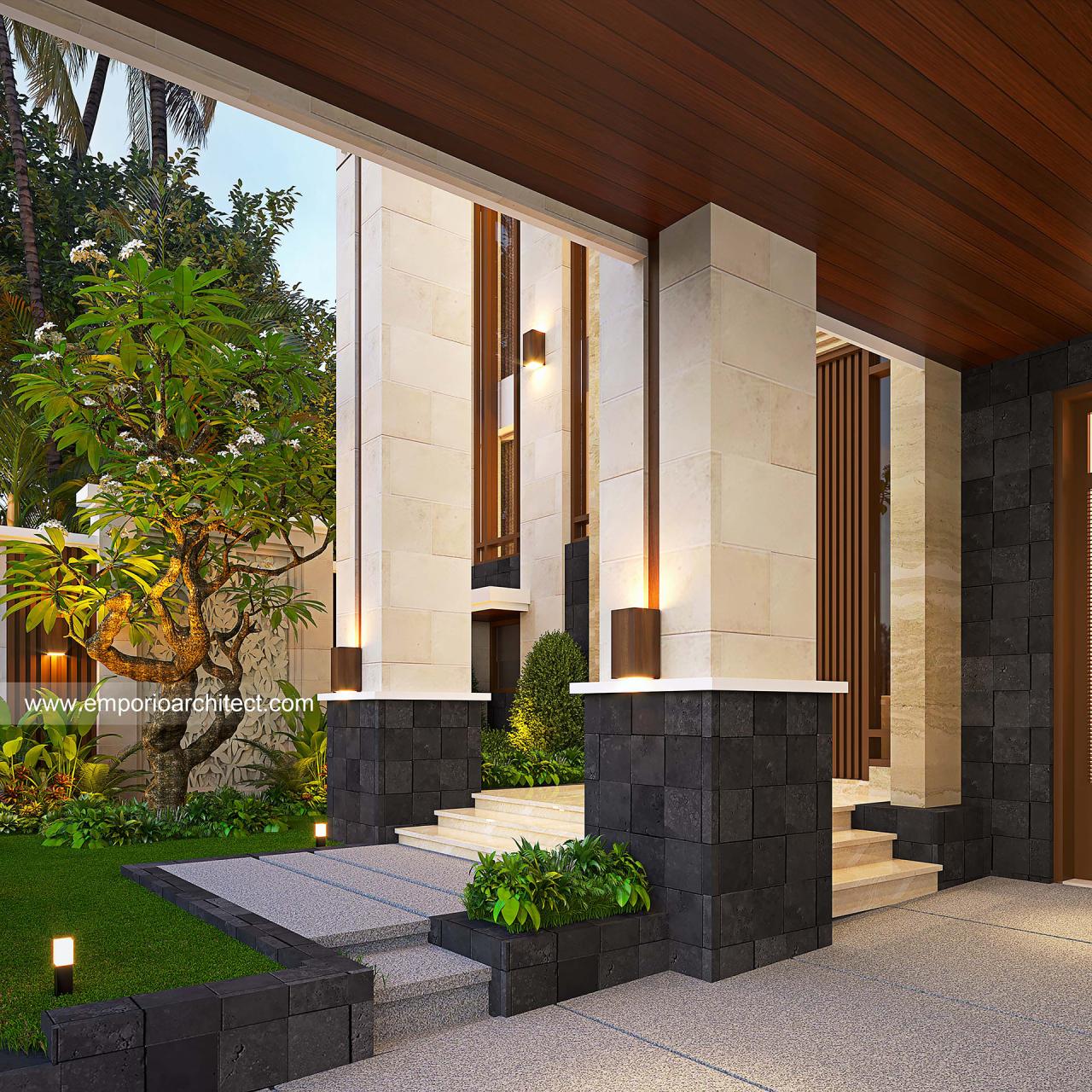 Desain Tampak Detail Depan Rumah Villa Bali 2 Lantai Ibu LNA II Di