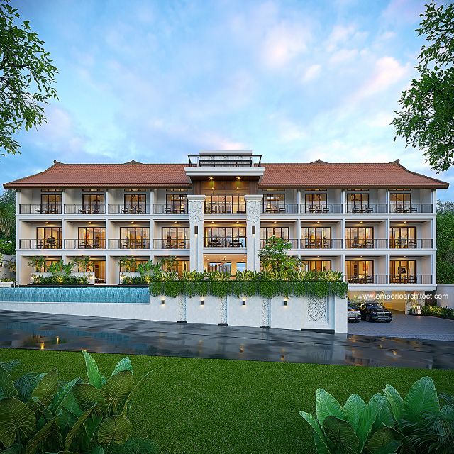 Desain Tampak Depan 3 Bangunan Style Villa Bali 4 Lantai Bapak ATN 1733 di Badung, Bali