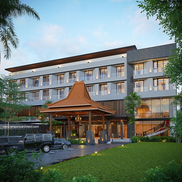 Desain Tampak Depan 2 Hotel Modern Luxury Tropis 4 Lantai Bapak SNT di Purwodadi, Grobogan, Jawa Tengah