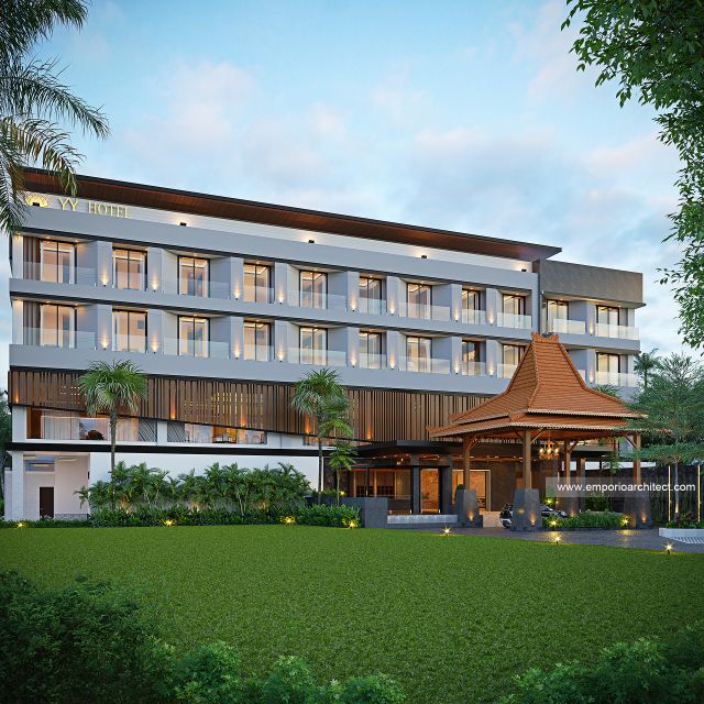 Desain Tampak Depan 3 Hotel Modern Luxury Tropis 4 Lantai Bapak SNT di Purwodadi, Grobogan, Jawa Tengah