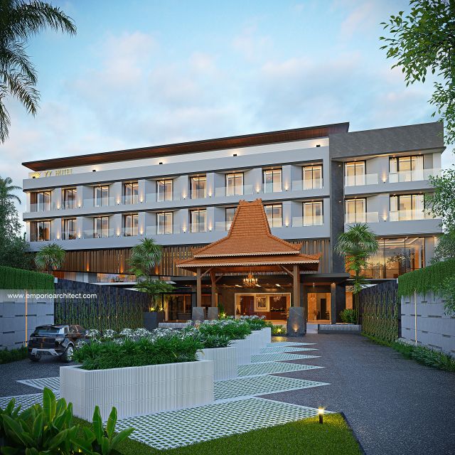 Desain Tampak Depan 4 Hotel Modern Luxury Tropis 4 Lantai Bapak SNT di Purwodadi, Grobogan, Jawa Tengah