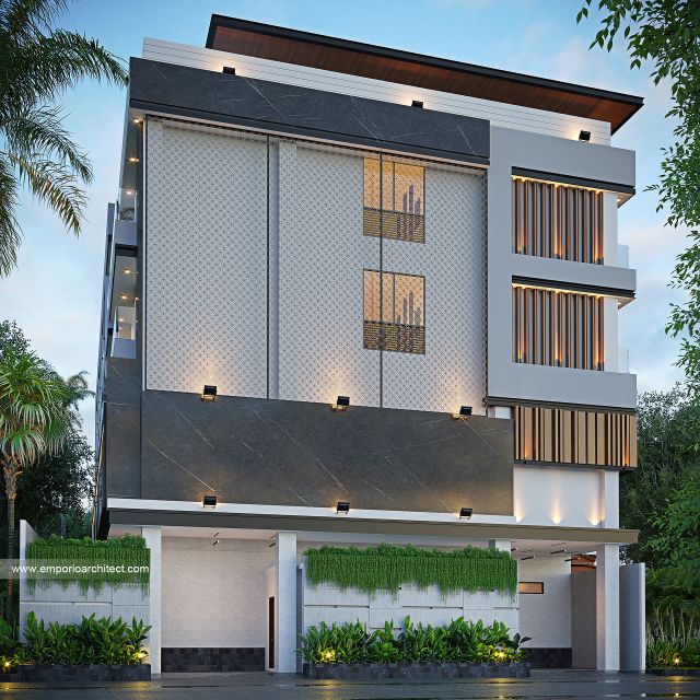 Desain Tampak Samping Hotel Modern Luxury Tropis 4 Lantai Bapak SNT di Purwodadi, Grobogan, Jawa Tengah