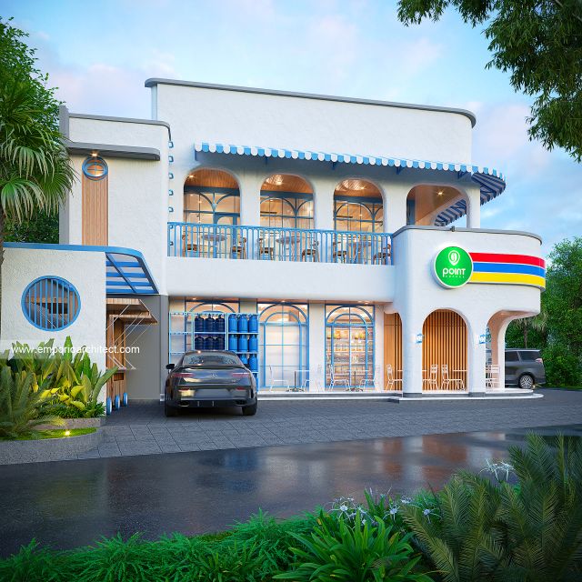 Desain Tampak Depan 2 Indomaret Point Coffee Santorini 2 Lantai Ibu LS di Samarinda