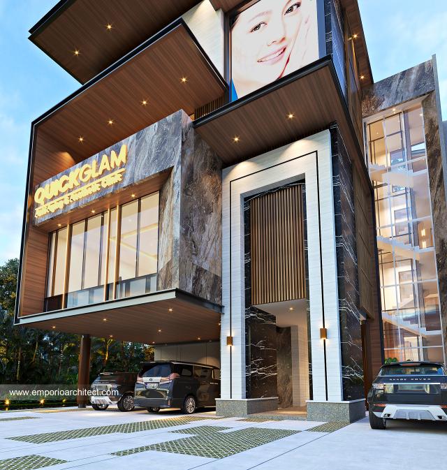 Desain Tampak Detail Depan Klinik Kecantikan Quick Glam Modern 4 Lantai Ibu IRW di Jakarta