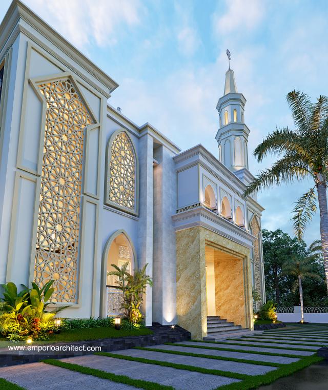 Desain Tampak Detail Depan Masjid Al Falah Style Classic 3 Lantai di Brebes, Jawa Tengah