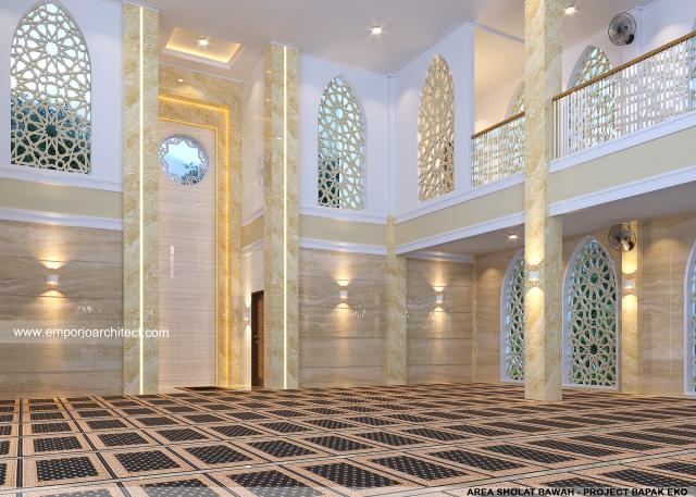 Desain Area Sholat Bawah Masjid Al Falah Style Classic 3 Lantai di Brebes, Jawa Tengah