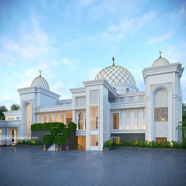 Desain Tampak Samping Masjid Al Anshar Style Klasik 2 Lantai di Makassar