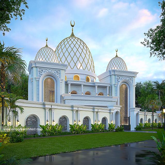 Desain Tampak Depan Dengan Pagar Masjid Grand Marina Style Klasik 2 Lantai di Makassar