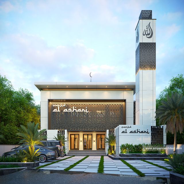 Desain Tampak Depan Masjid Al Ashari Style Modern 2 Lantai di Sidoarjo, Jawa Timur