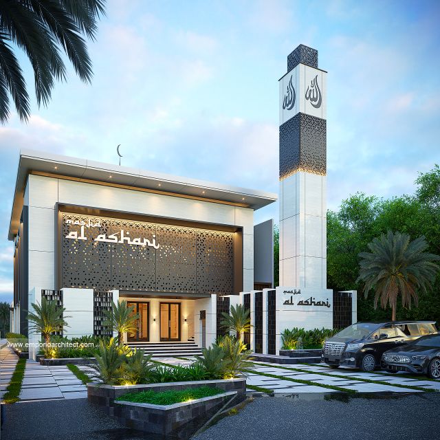 Desain Tampak Depan 3 Masjid Al Ashari Style Modern 2 Lantai di Sidoarjo, Jawa Timur