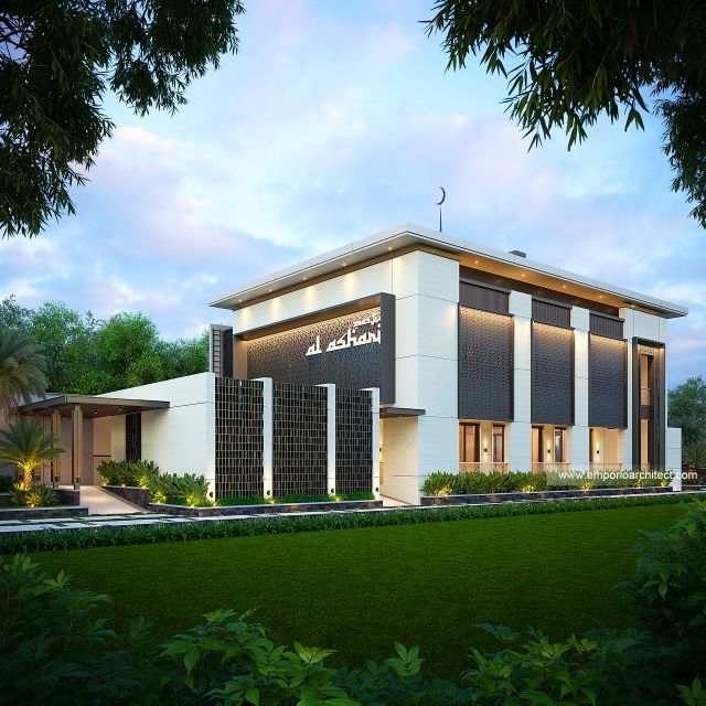 Desain Tampak Samping Masjid Al Ashari Style Modern 2 Lantai di Sidoarjo, Jawa Timur