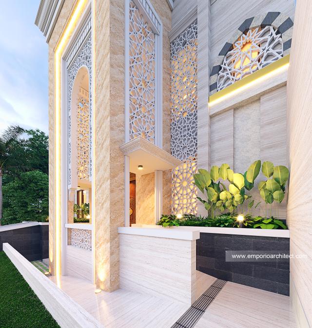 Desain Tampak Detail Depan Masjid Al Jihad Style Modern 3 Lantai di Yogyakarta