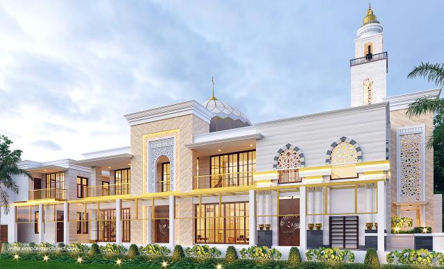 Desain Tampak Samping Kanan Masjid Al Jihad Style Modern 3 Lantai di Yogyakarta