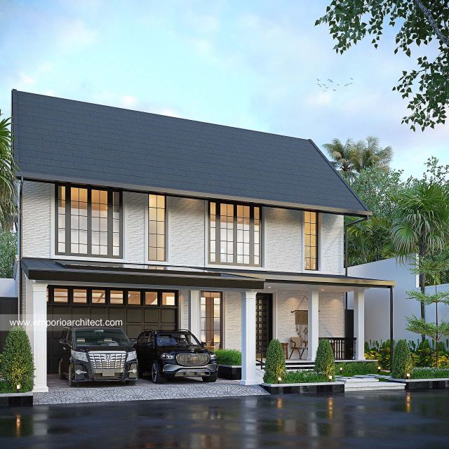 Desain Tampak Depan 2 Rumah American Klasik 2 Lantai Ibu M dan Ibu R di Depok, Jawa Barat