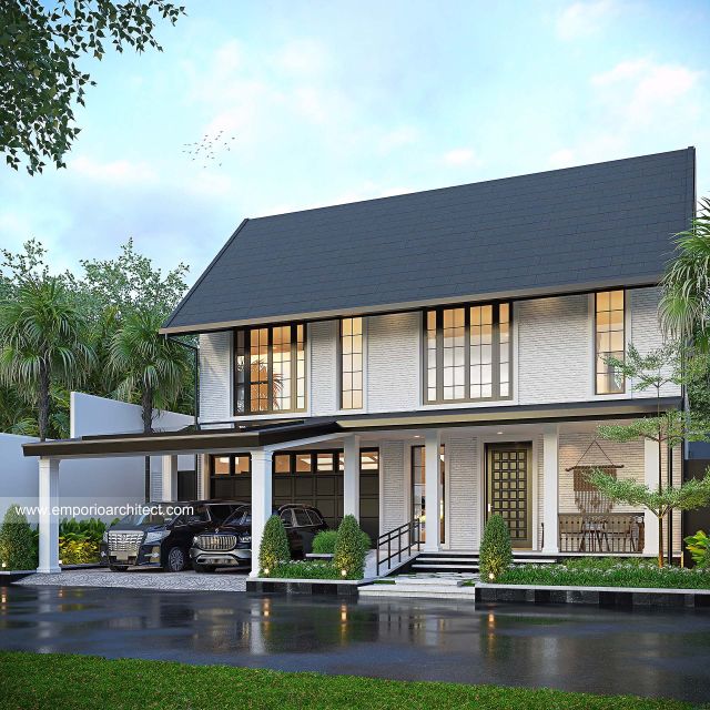 Desain Tampak Depan 3 Rumah American Klasik 2 Lantai Ibu M dan Ibu R di Depok, Jawa Barat