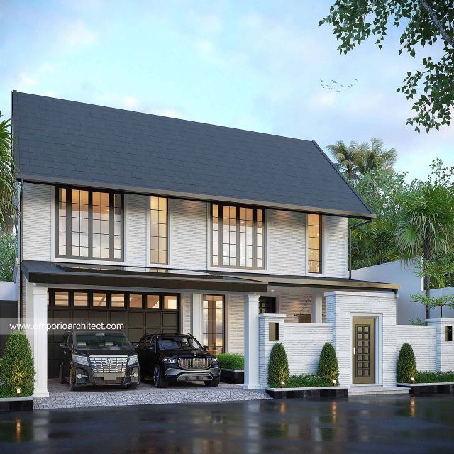 Desain Tampak Depan 4 Rumah American Klasik 2 Lantai Ibu M dan Ibu R di Depok, Jawa Barat