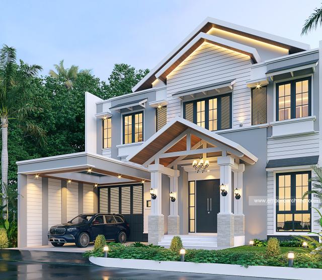 Desain Tampak Depan Kanan Rumah American Klasik 2 Lantai Ibu M di Jakarta