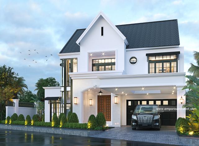 Desain Tampak Depan Rumah American Klasik 2 Lantai Ibu ATR di Pekanbaru, Riau