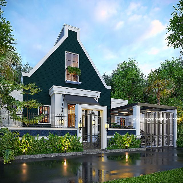 Desain Tampak Depan Dengan Pagar Rumah American Style 1 Lantai Bapak HHN di Yogyakarta