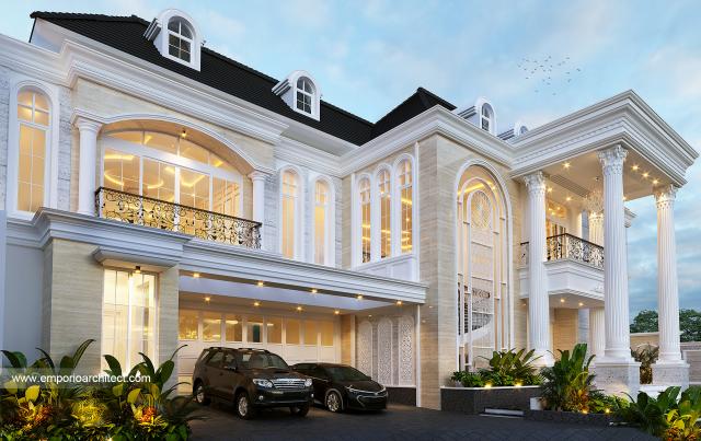 Desain Rumah Classic 2 Lantai Ibu LT di Cibubur, Jakarta Timur - Tampak Detail Depan