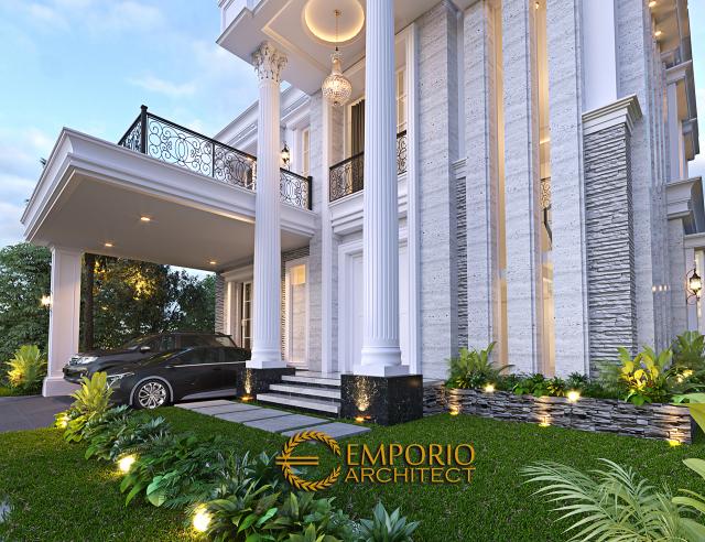 Desain Tampak Detail Depan Rumah Classic 2 Lantai Bapak Maradona di Tangerang, Banten