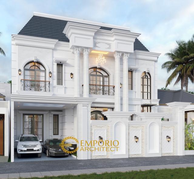 Desain Tampak Depan Dengan Pagar Rumah Classic 2 Lantai Ibu Alina di Badung, Bali