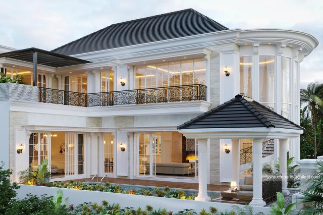 Desain Tampak Belakang Rumah Classic 2.5 Lantai Ibu CLD di Tangerang, Banten