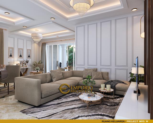 Desain Ruang Keluarga Rumah Classic 3 Lantai Mrs W di Jakarta