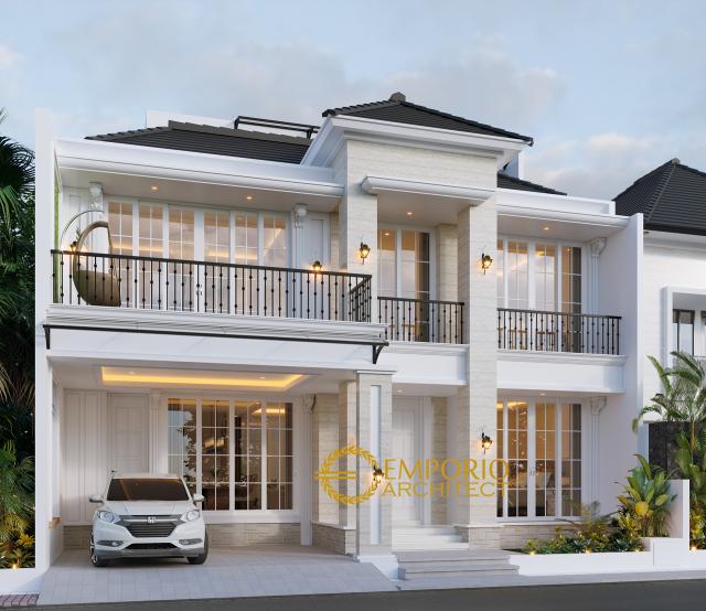 Desain Tampak Depan 2 Rumah Classic 3 Lantai Ibu Ninin di Bintaro, Tangerang Selatan, Banten