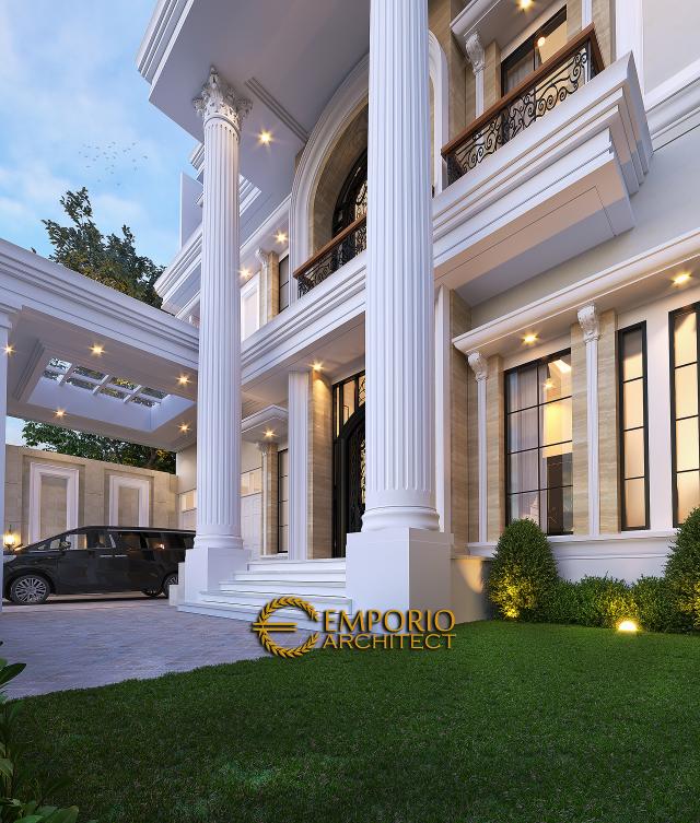 Desain Tampak Detail Depan Rumah Classic 3.5 Lantai Ibu Tyas di Jakarta Selatan