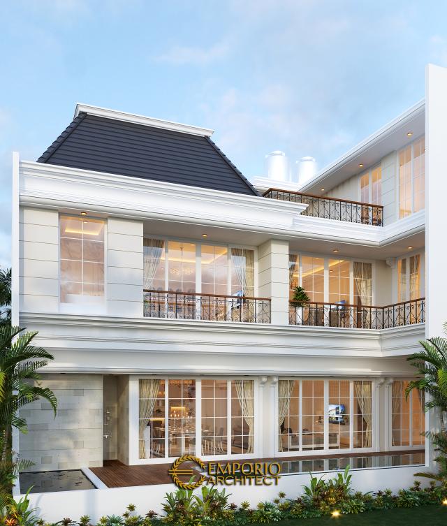 Desain Tampak Belakang Rumah Classic 3.5 Lantai Ibu WN di Jakarta Selatan