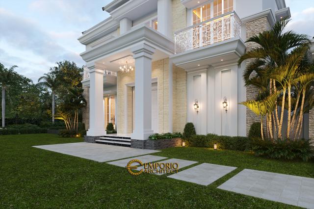 Desain Tampak Detail Depan 2 Rumah Classic Modern 2 Lantai Bapak Kartika di Cikeas, Bogor, Jawa Barat