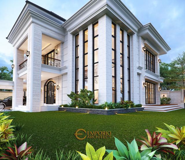 Desain Tampak Detail Depan Rumah Classic Modern 2 Lantai Bapak Budi di Surabaya, Jawa Timur