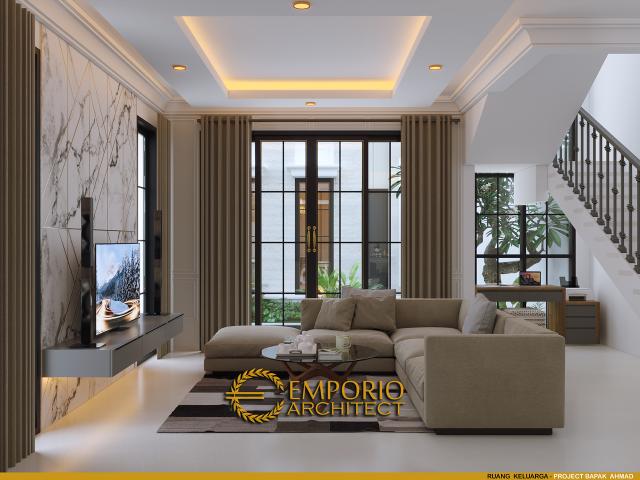 Desain Ruang Keluarga Paviliun Rumah Classic Modern 2.5 Lantai Bapak Ahmad di Jakarta Selatan