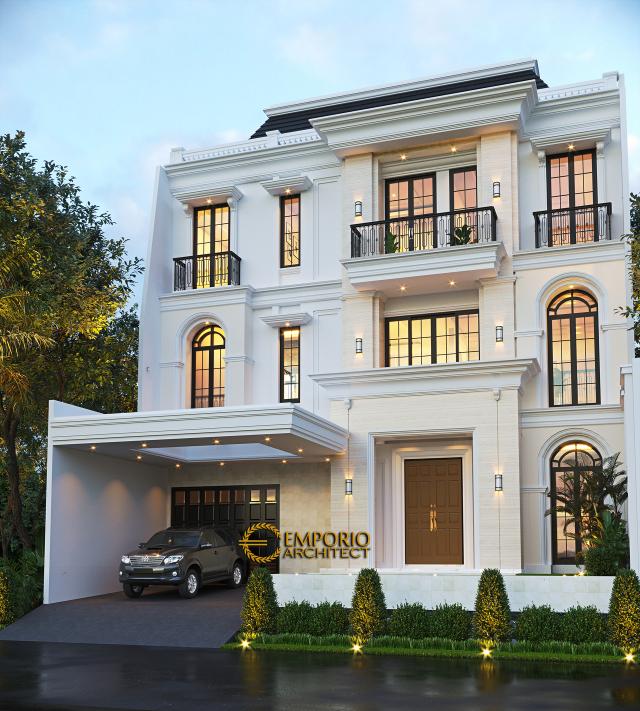 Desain Rumah Classic Modern 3 Lantai Ibu CRT di Jakarta - Tampak Depan Tanpa Pagar