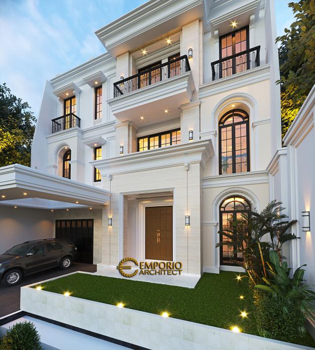 Desain Tampak Depan Lookup Rumah Classic Modern 3 Lantai Ibu CRT di Jakarta