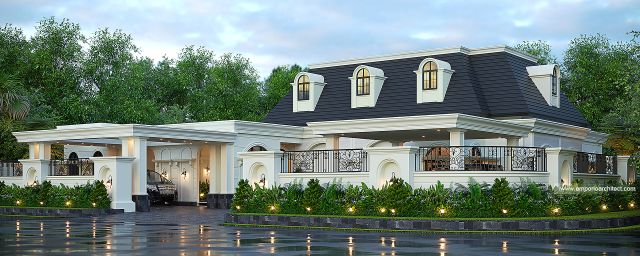 Desain Tampak Hook Dengan Pagar Rumah Mediteran Klasik 1 Lantai Ibu AML di Semarang