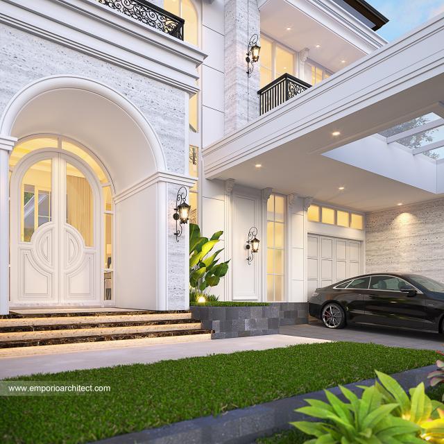 Desain Tampak Detail Depan Rumah Klasik Modern 2 Lantai Ibu JY di Jakarta