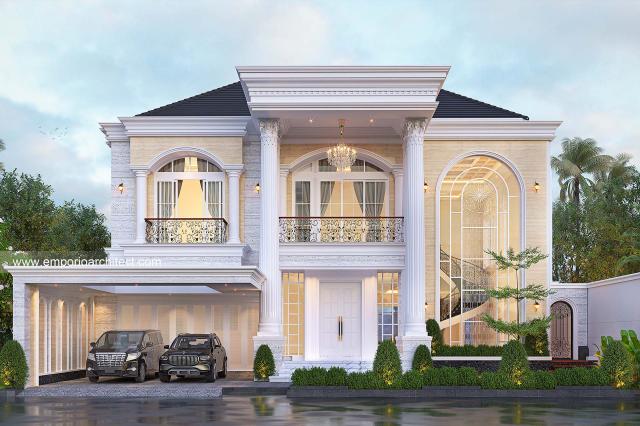 Desain Tampak Depan 2 Rumah Klasik 2 Lantai Mr. HZ di BSD, Tangerang Selatan