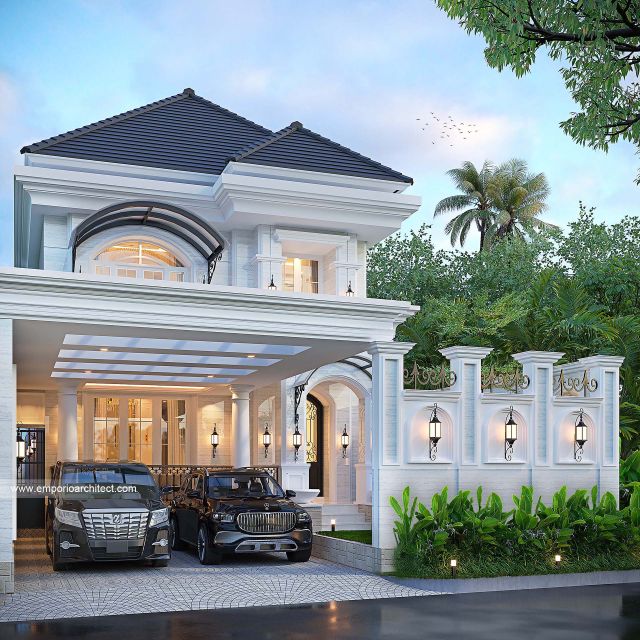 Desain Tampak Depan Dengan Pagar Rumah Mediteran 2 Lantai Ibu DNH di Pamekasan, Madura