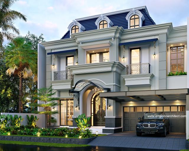 Desain Tampak Depan Kanan Rumah Klasik 2 Lantai Ibu CRL II di Surabaya