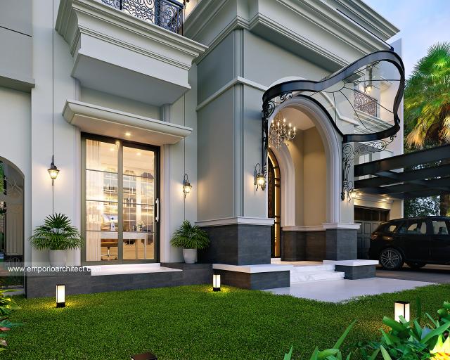 Desain Tampak Detail Depan Rumah Klasik 2 Lantai Ibu CRL II di Surabaya