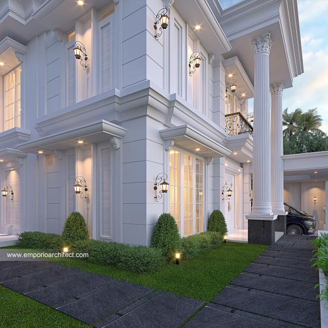 Desain Tampak Detail Depan Rumah Klasik 2 Lantai Bapak RLD di Pekanbaru