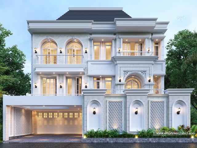 Desain Tampak Depan 3 Rumah Klasik 2.5 Lantai Bapak TFK di Bandung, Jawa Barat